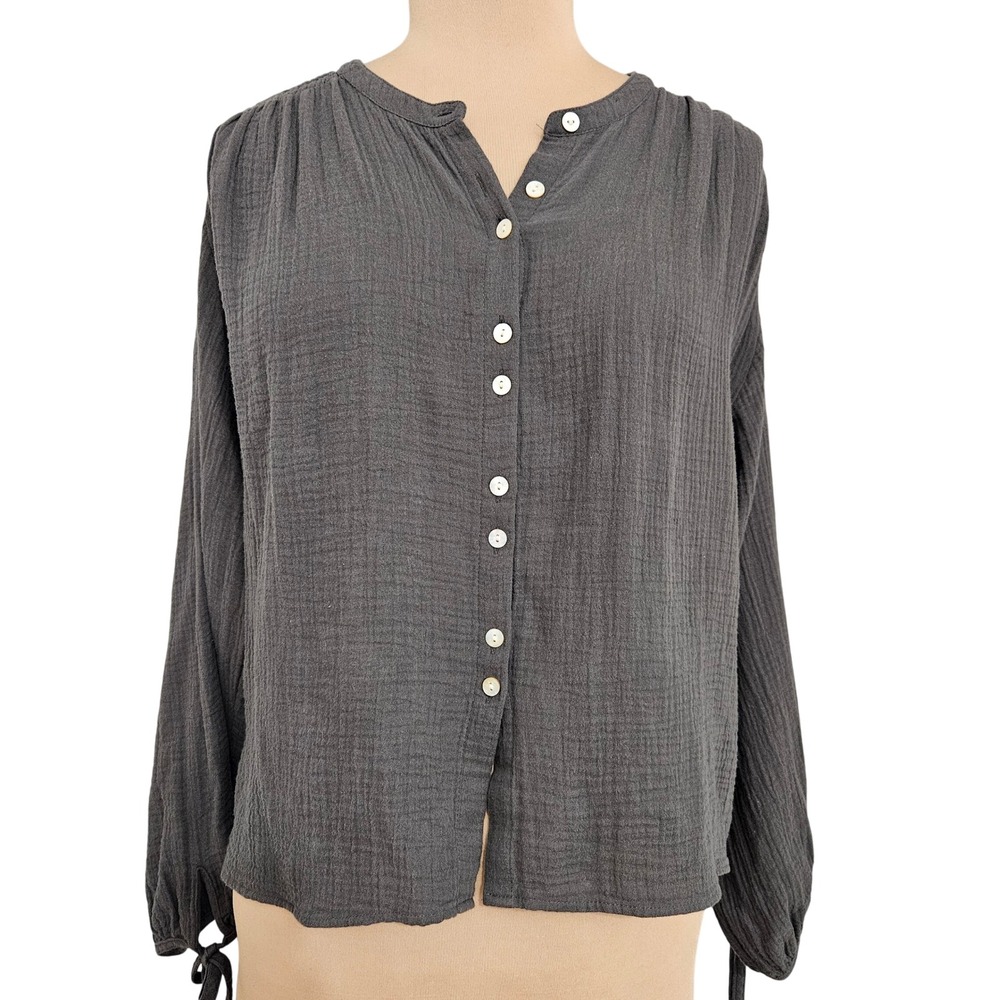 Faherty Willa Top Charcoal Grey Organic Cotton Double Gauze Blouse Large